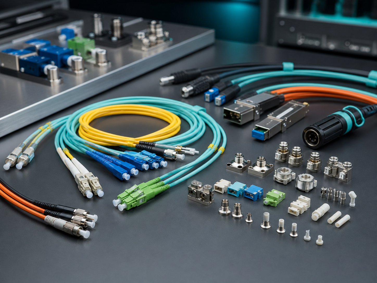 Illustrative fiber optic cables, connectors, and electronic connectivity components arranged on a technical work surface